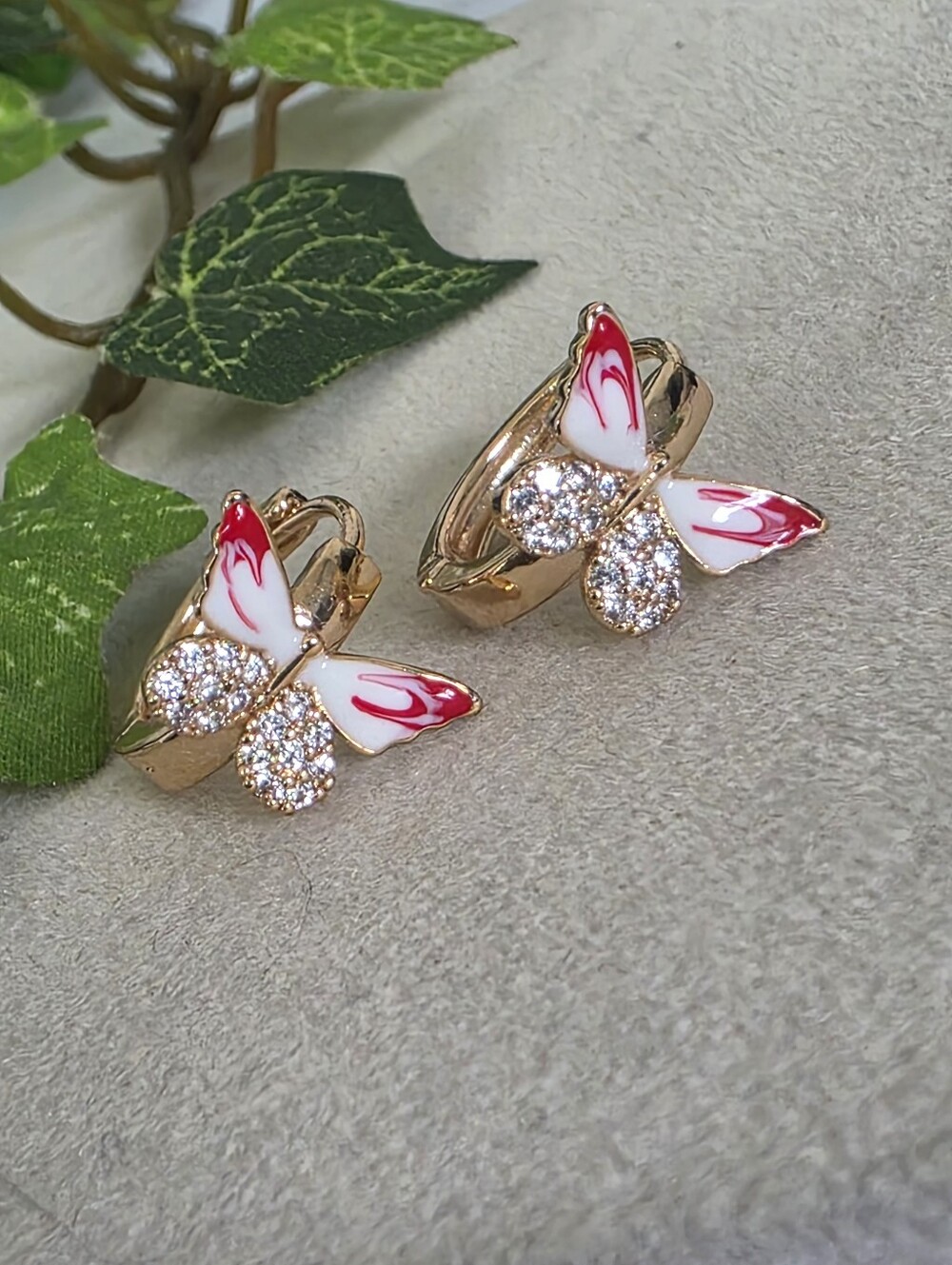 Gold Filled Huggie Hoop Earrings Red Enamel Butterfly Pave Crystal